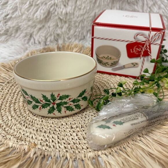 LENOX Hosting The‎ Holidays Dip Bowl & Spreader 4.5” NEW Holly Leaf - Picture 2 of 8